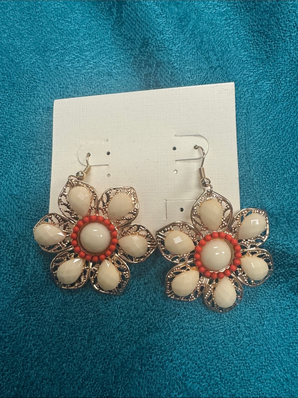 Floral Drop Earrings with Cream and Coral Accents - NWT
